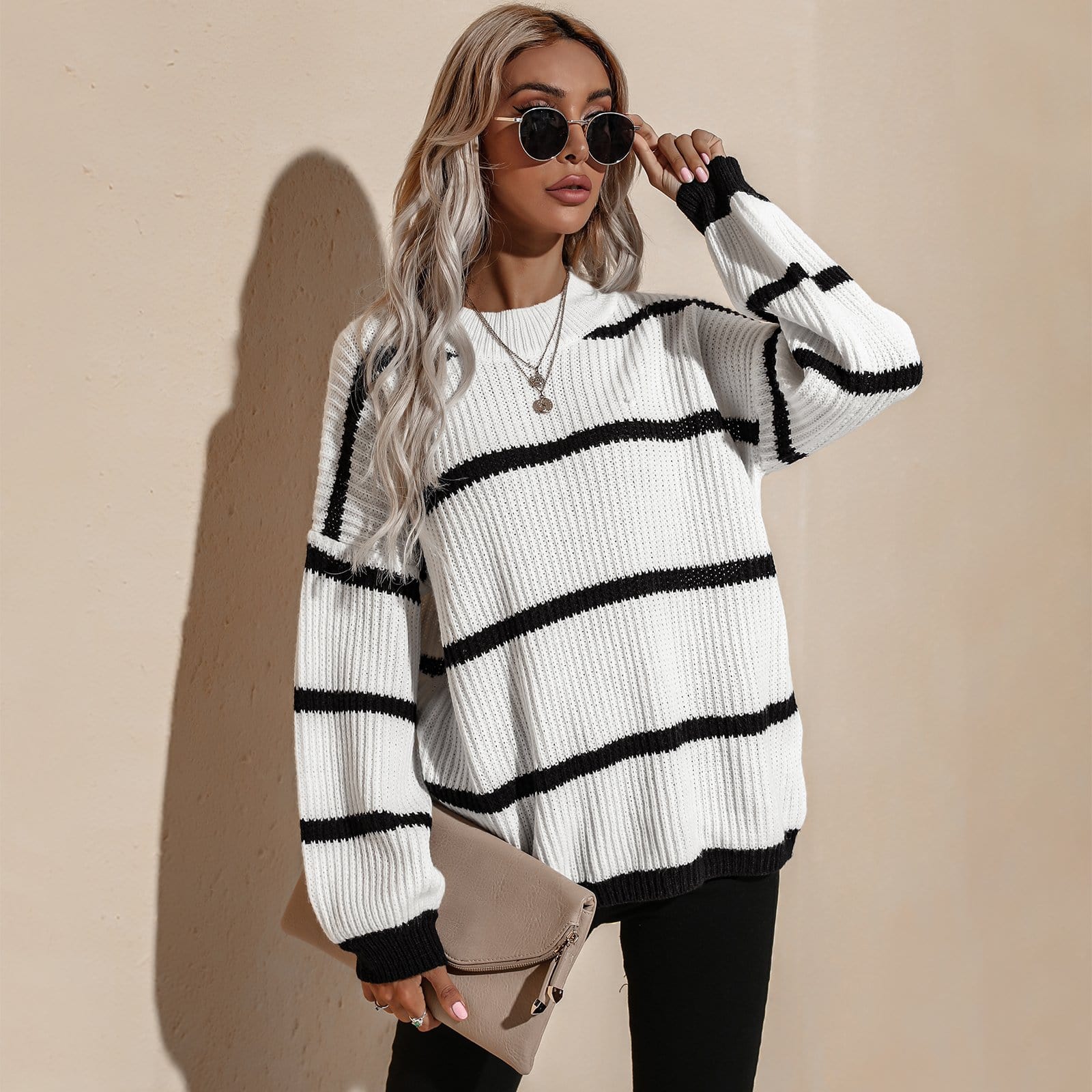 Drop Shoulder Striped Oversized Knit Sweater - Image 2