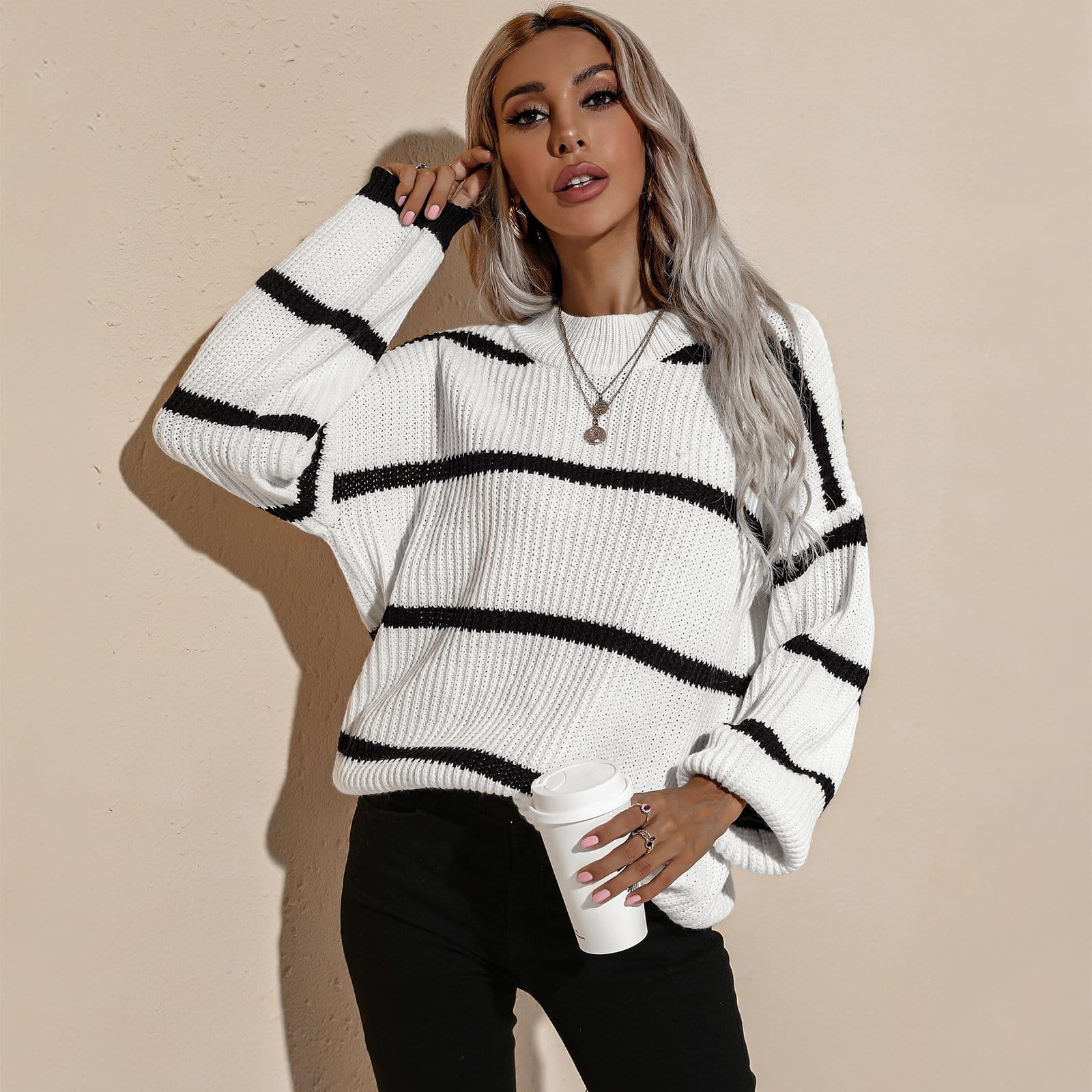 Drop Shoulder Striped Oversized Knit Sweater - Image 3