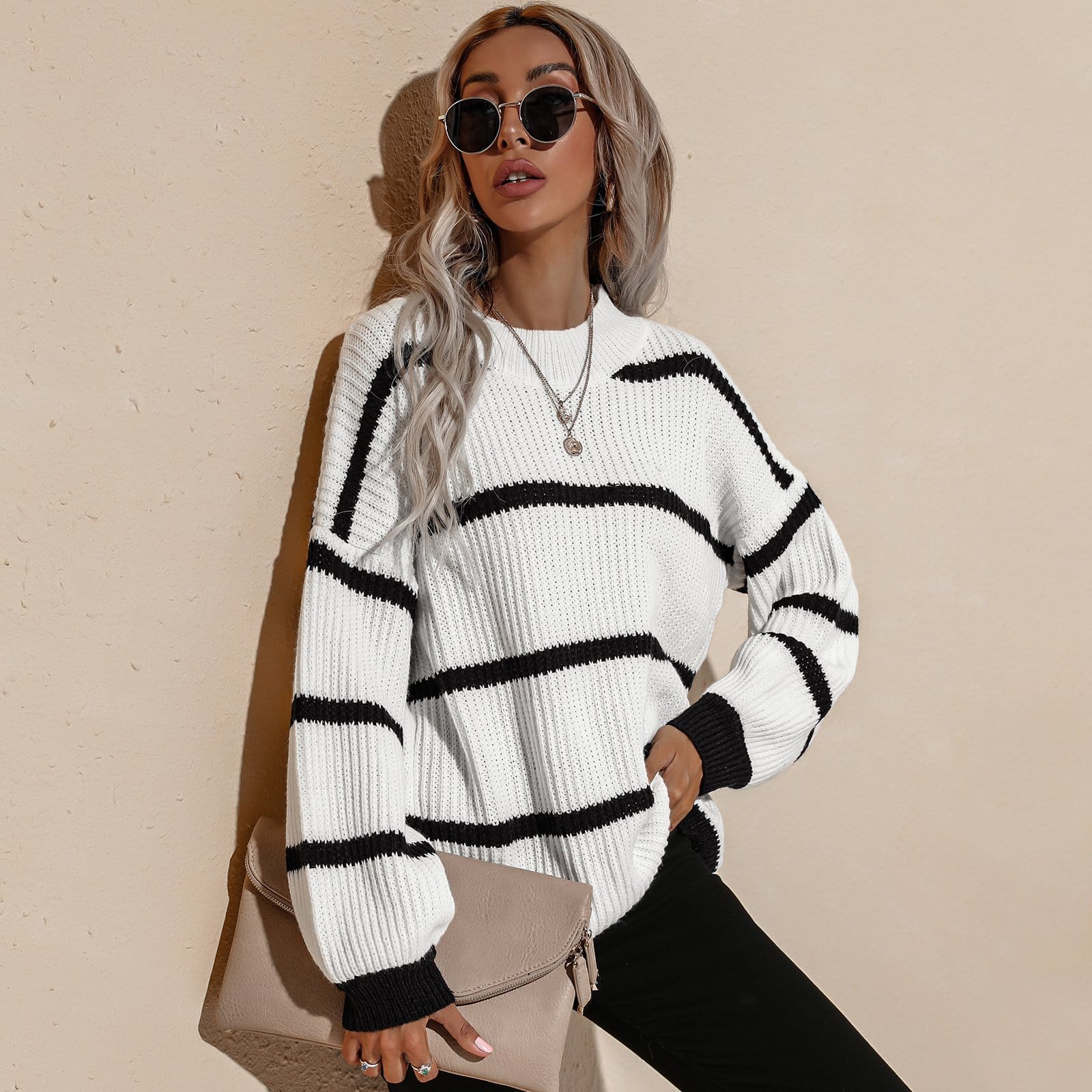Drop Shoulder Striped Oversized Knit Sweater - Image 4