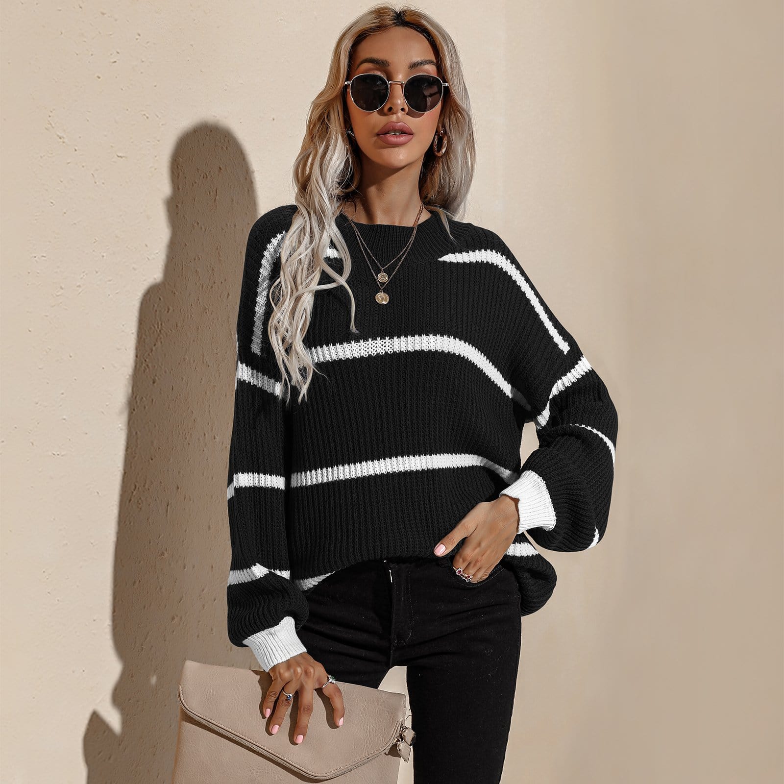 Drop Shoulder Striped Oversized Knit Sweater - Image 7