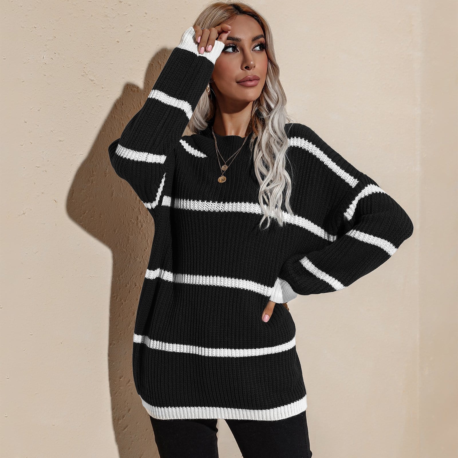 Drop Shoulder Striped Oversized Knit Sweater - Image 8