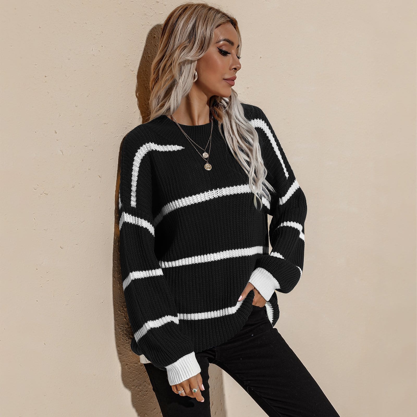 Drop Shoulder Striped Oversized Knit Sweater - Image 9