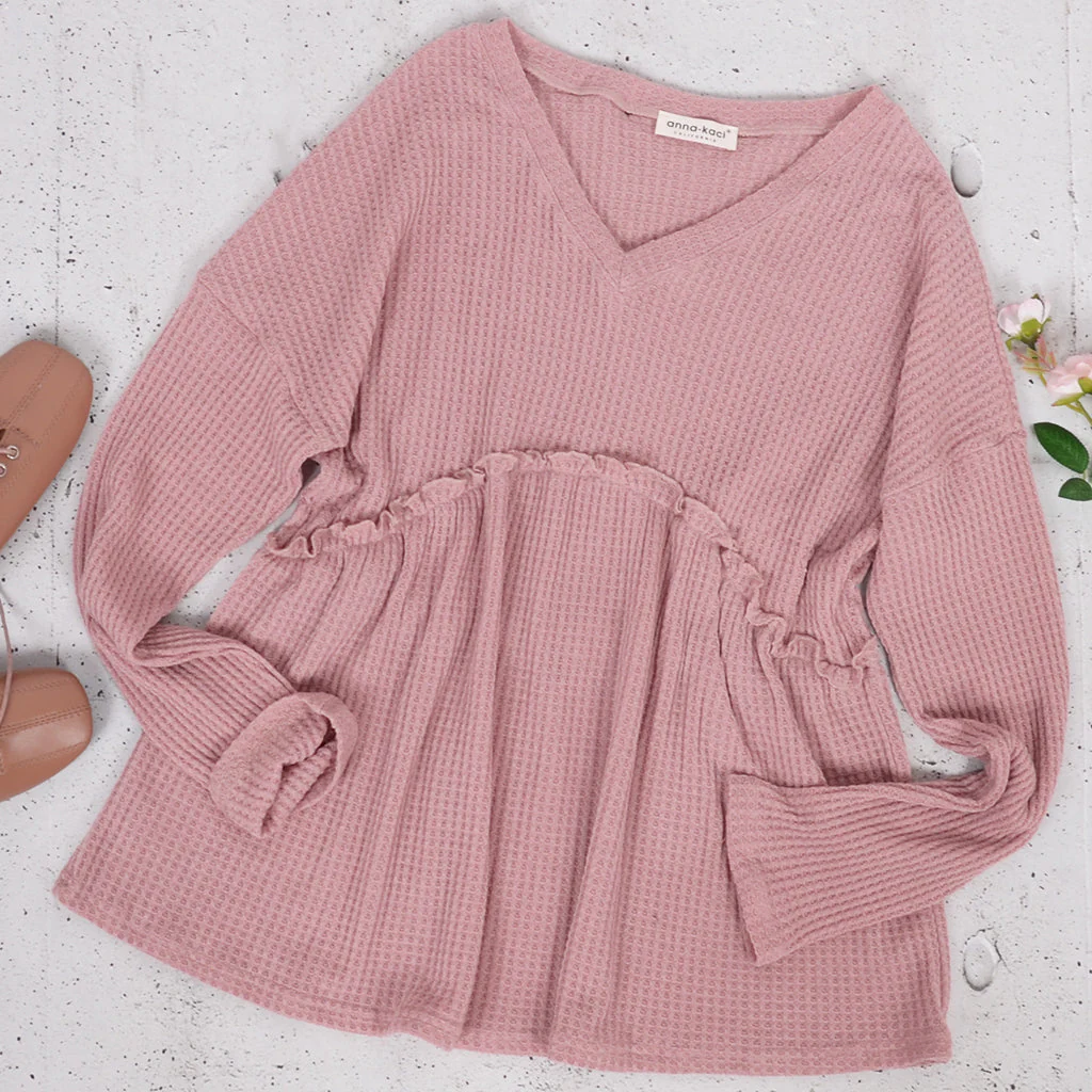Drop Shoulder Waffle Knit Blouse