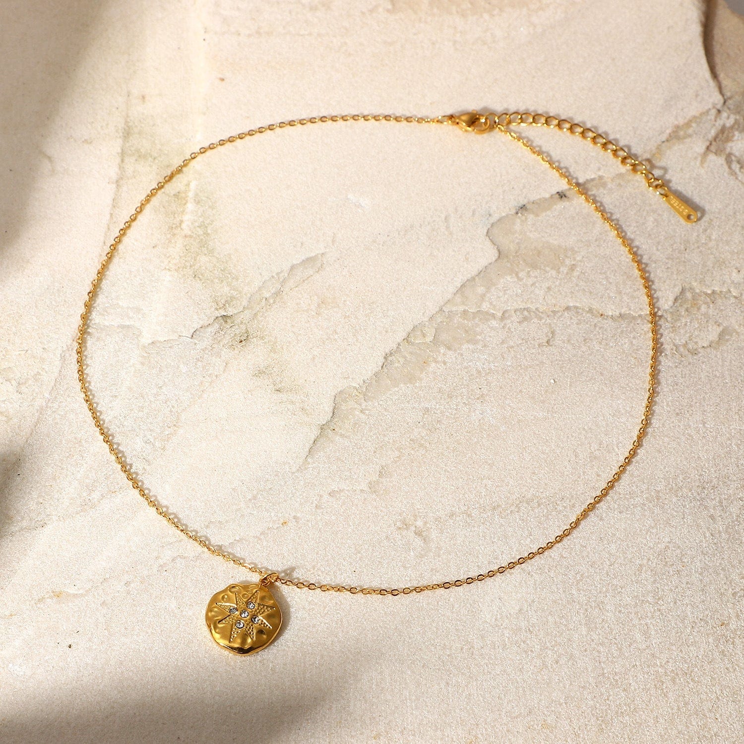 Eight Pointed Star Coin Charm 18K Gold Plated Necklace - Image 2