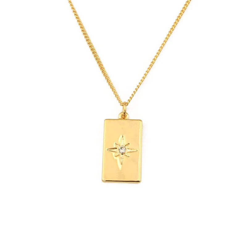 Eight Pointed Star Rectangle Pendant Gold Necklace - Image 2