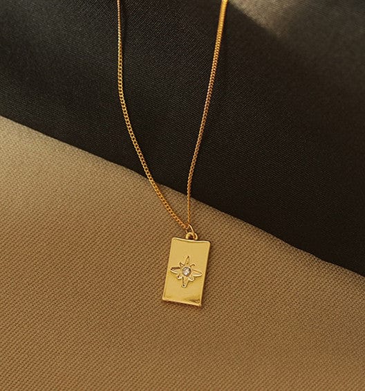 Eight Pointed Star Rectangle Pendant Gold Necklace - Image 3