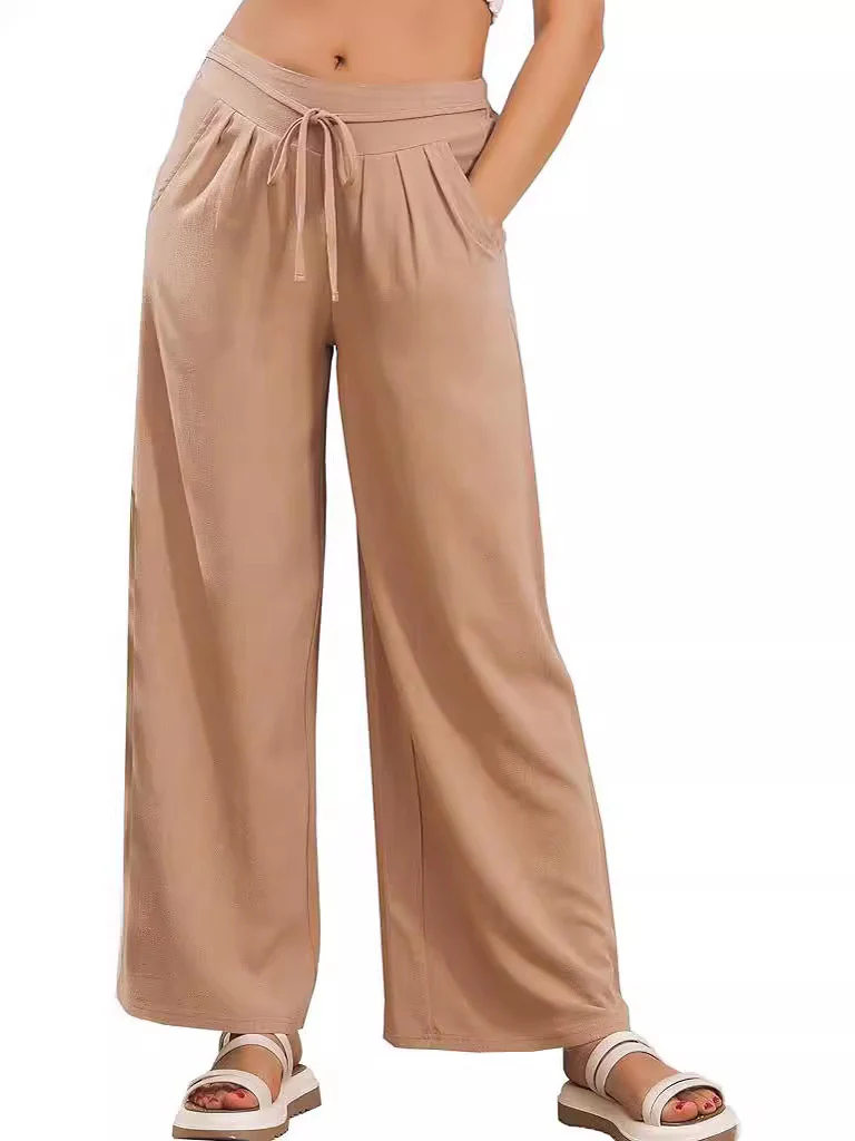Elastic High Waist Casual Wide Leg Long Palazzo Lounge Pants Trousers - Image 3