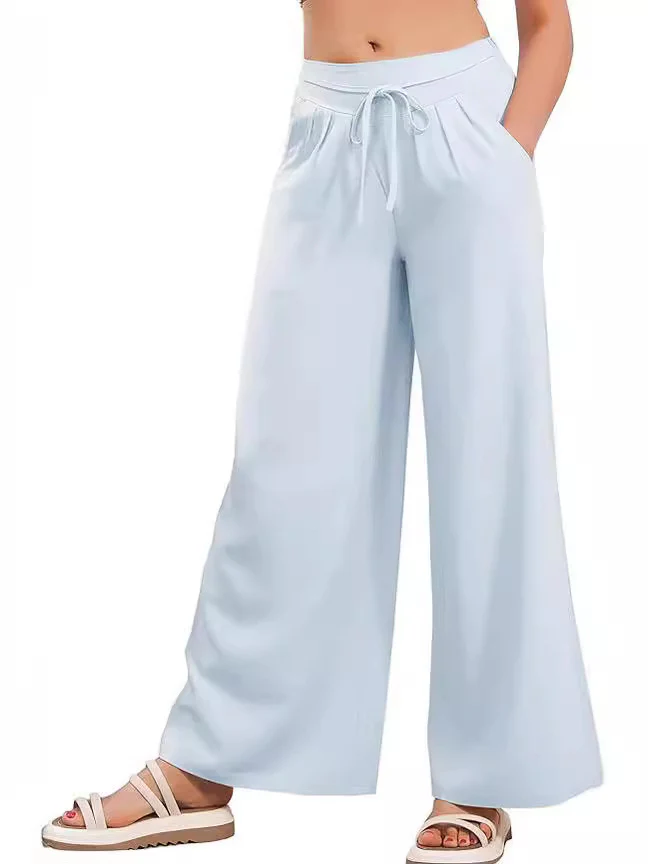 Elastic High Waist Casual Wide Leg Long Palazzo Lounge Pants Trousers - Image 6