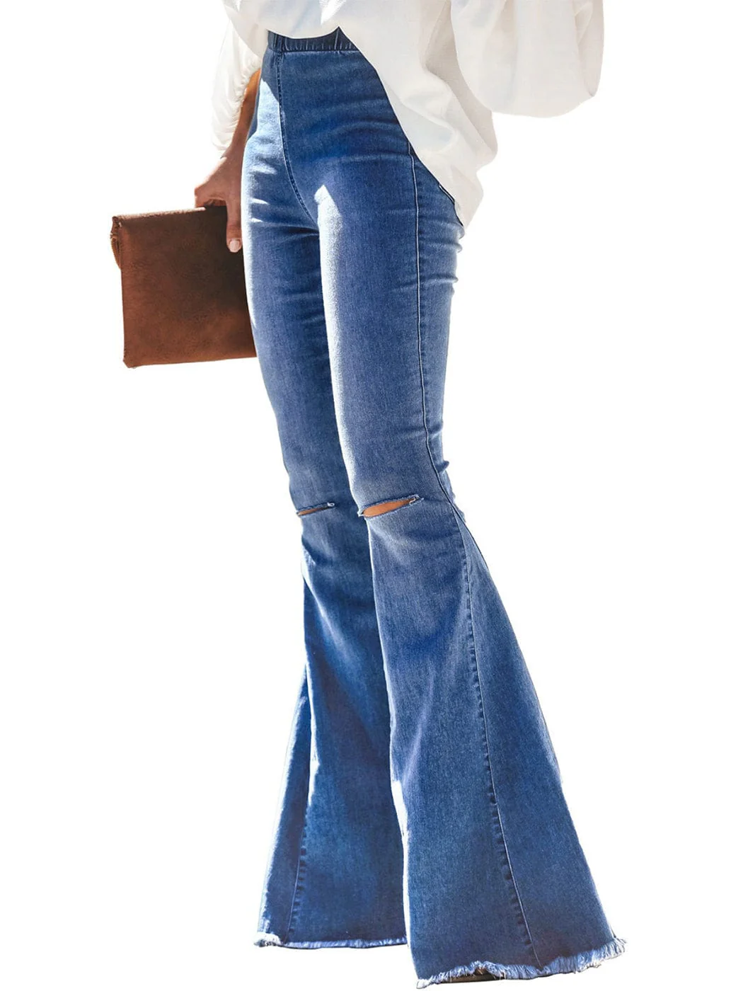 Elastic Waist Distressed Flared Long Bell Bottom Denim Jeans - Image 10