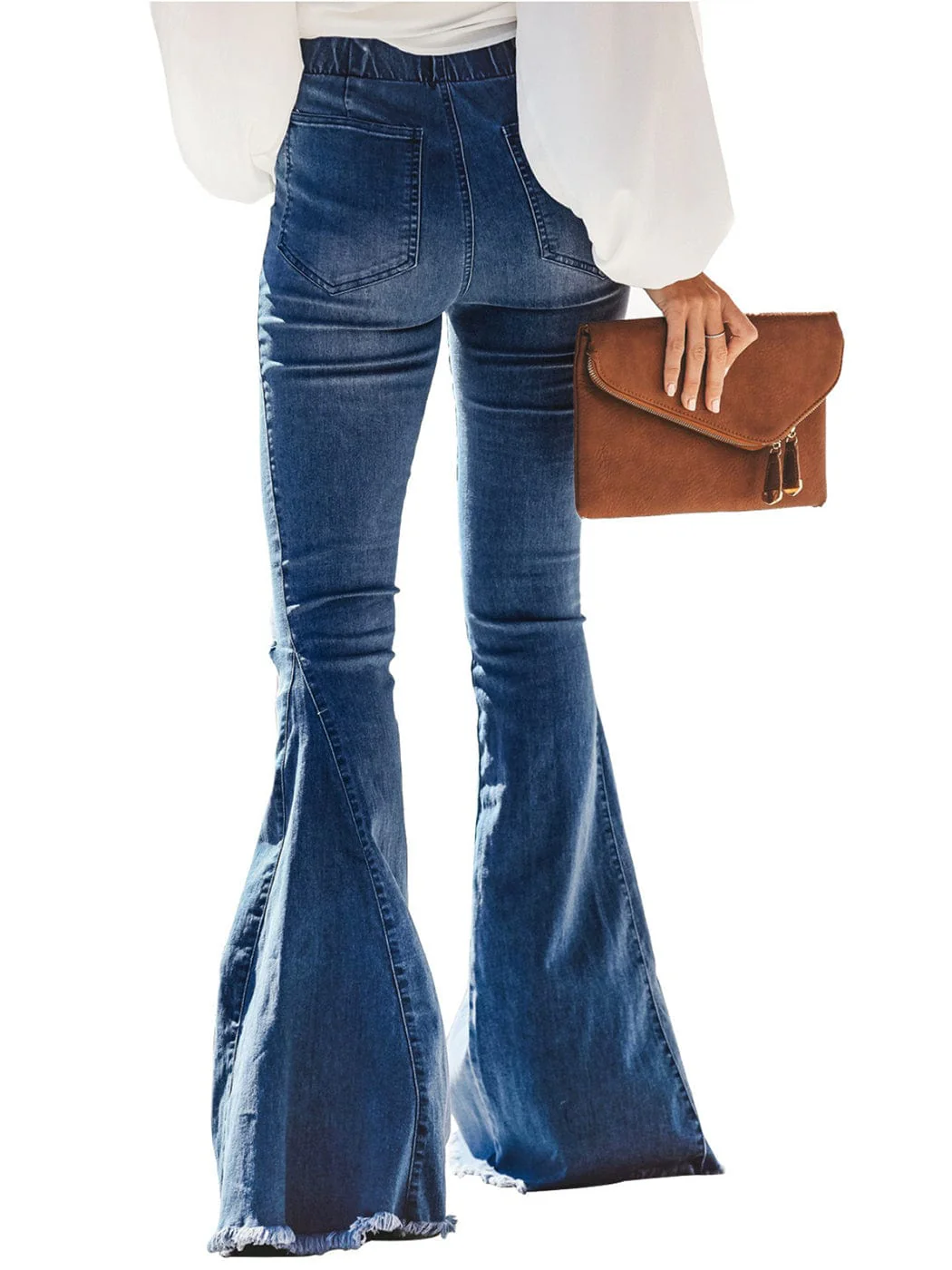 Elastic Waist Distressed Flared Long Bell Bottom Denim Jeans - Image 15