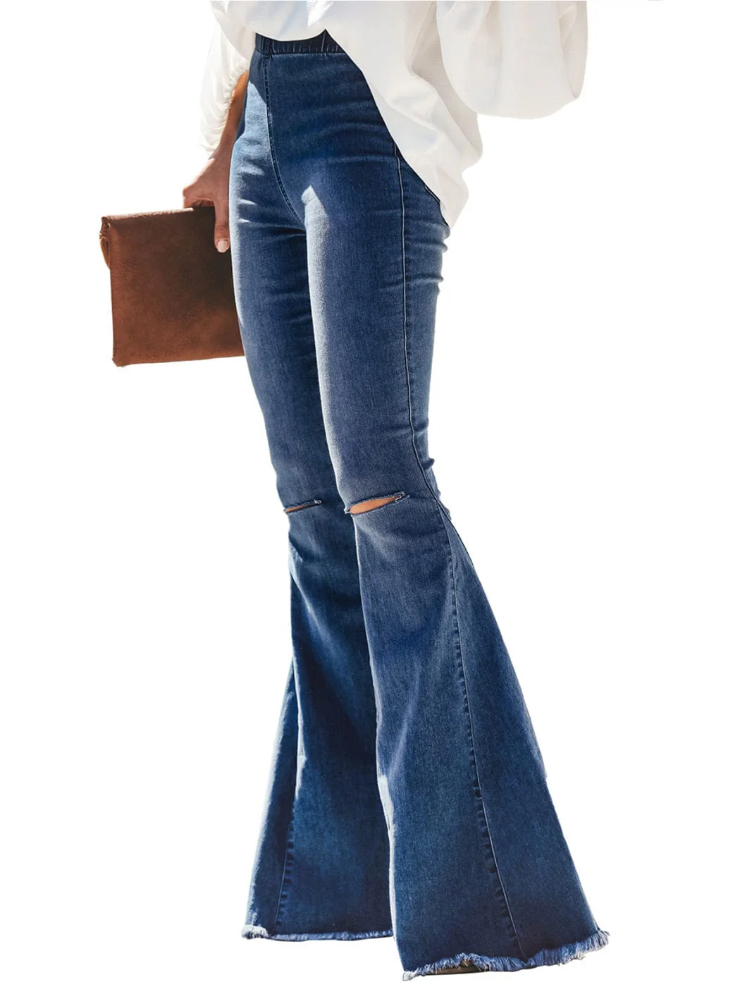Elastic Waist Distressed Flared Long Bell Bottom Denim Jeans - Image 16