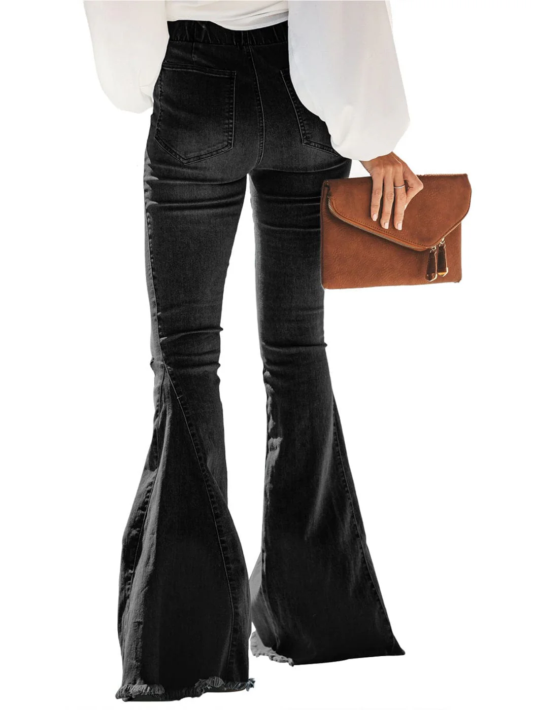 Elastic Waist Distressed Flared Long Bell Bottom Denim Jeans - Image 2