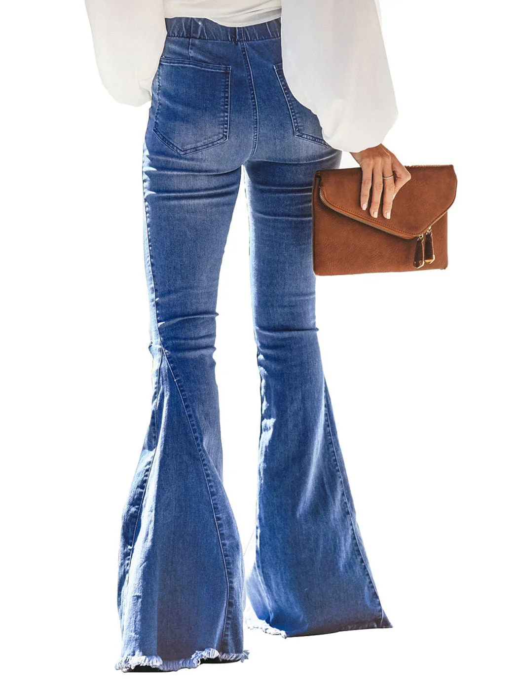 Elastic Waist Distressed Flared Long Bell Bottom Denim Jeans - Image 9