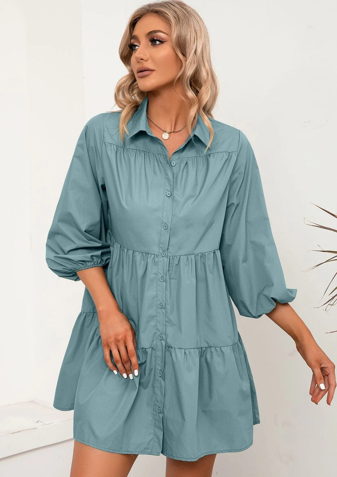 Elbow Length Tiered Shirt Dress - Image 2