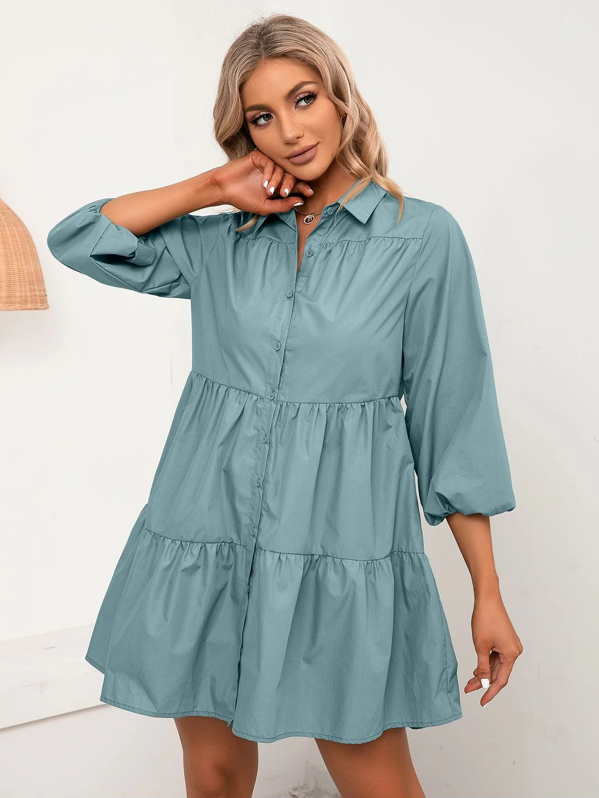 Elbow Length Tiered Shirt Dress - Image 4