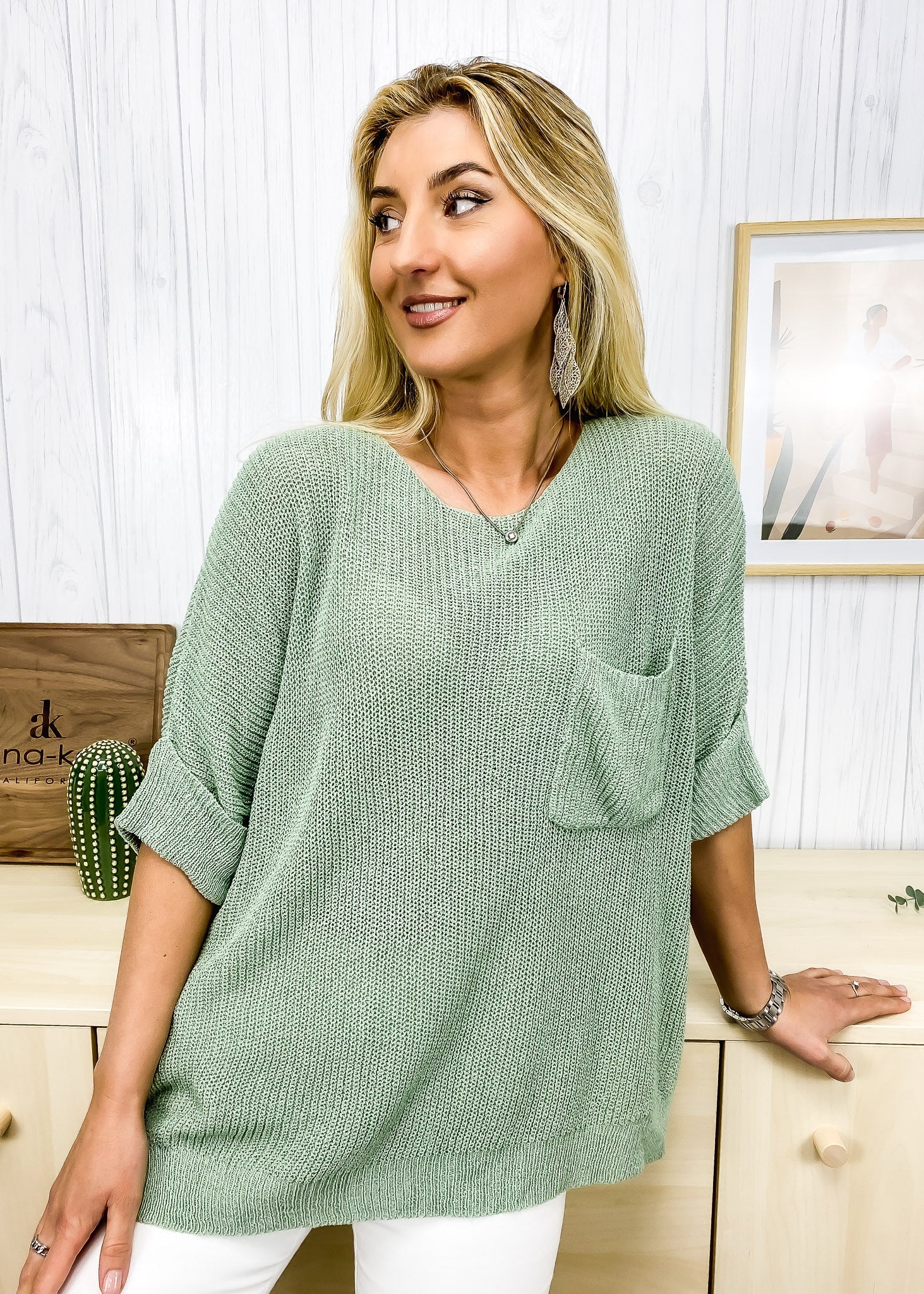 Elbow Sleeve Textured Knit Sweater - Image 2