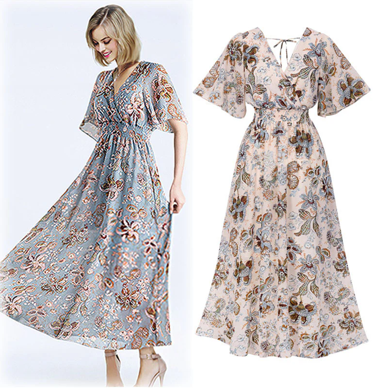 Elegant Vintage Floral Print Chiffon Maxi Dress - Image 3