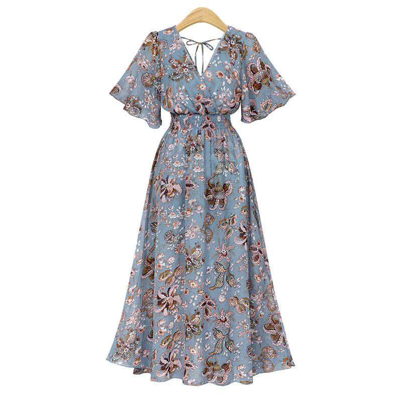 Elegant Vintage Floral Print Chiffon Maxi Dress - Image 5