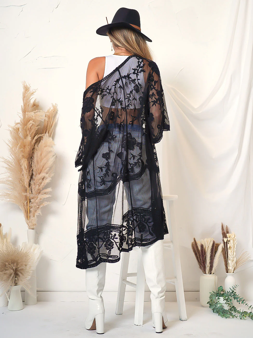 Embroidered Floral Butterfly Kimono Cover Up Cardigan - Image 2