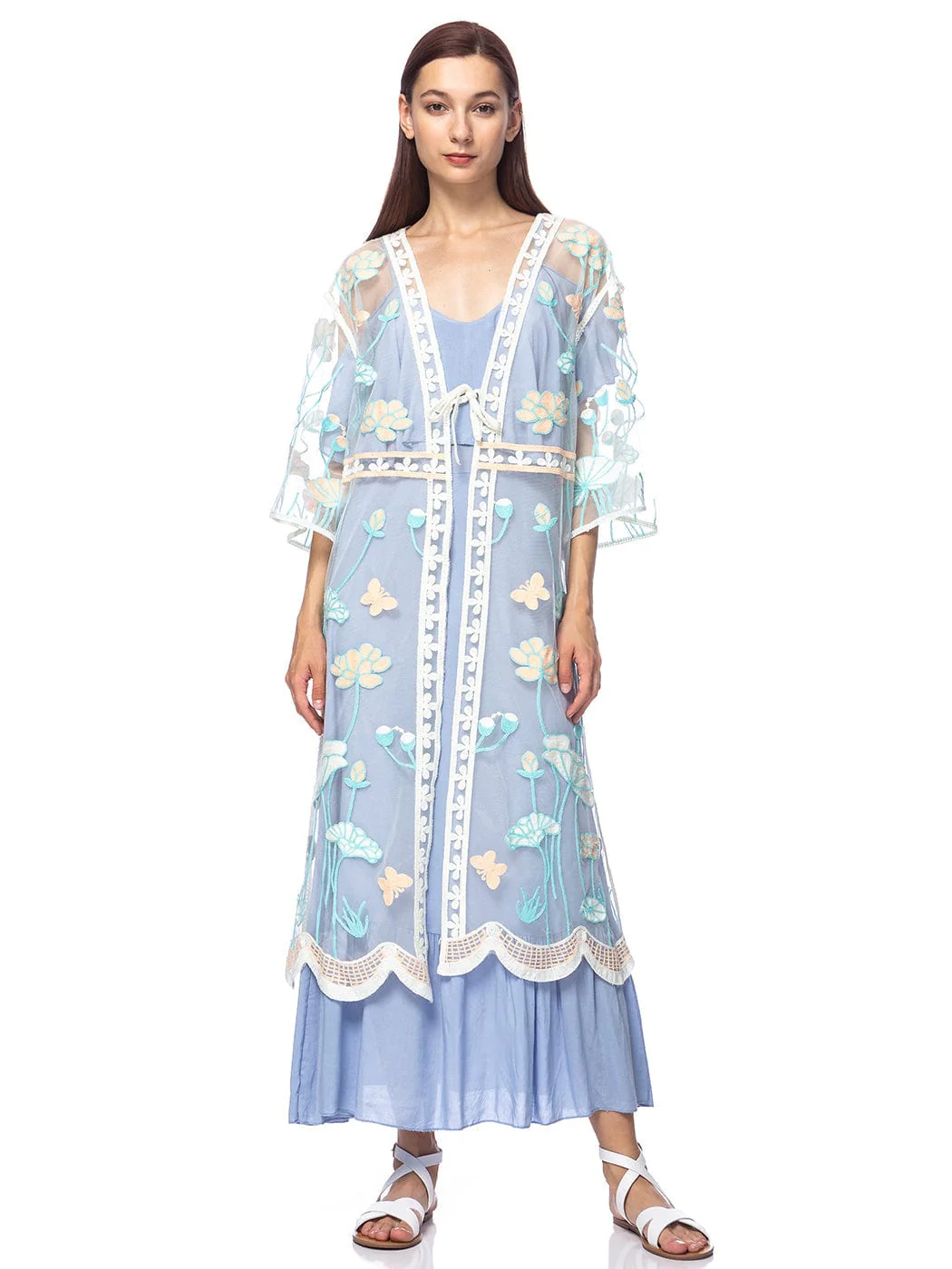 Embroidered Floral Butterfly Kimono Cover Up Cardigan - Image 45