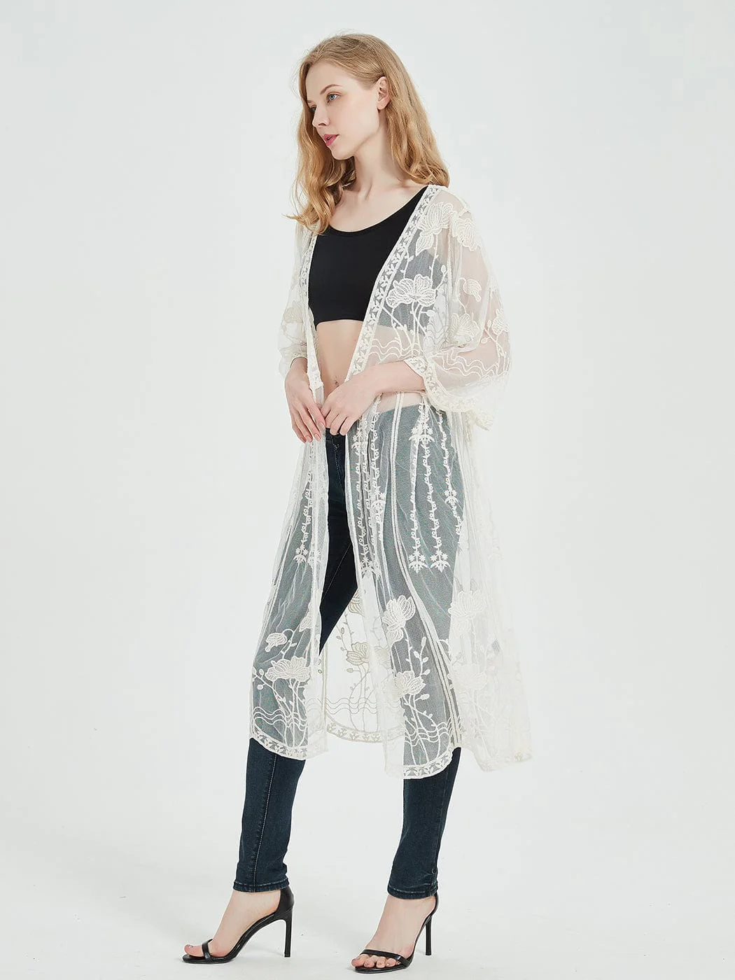 Embroidered Lace Kimono Cardigan - Image 5