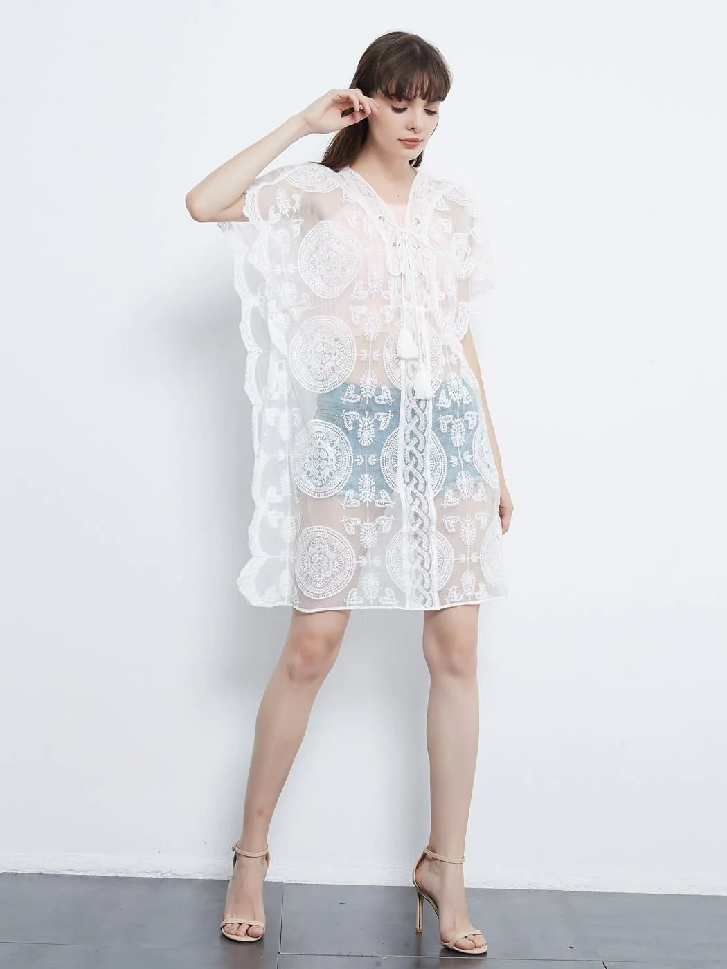 Embroidered Mesh Sheer Midi Dress - Image 6