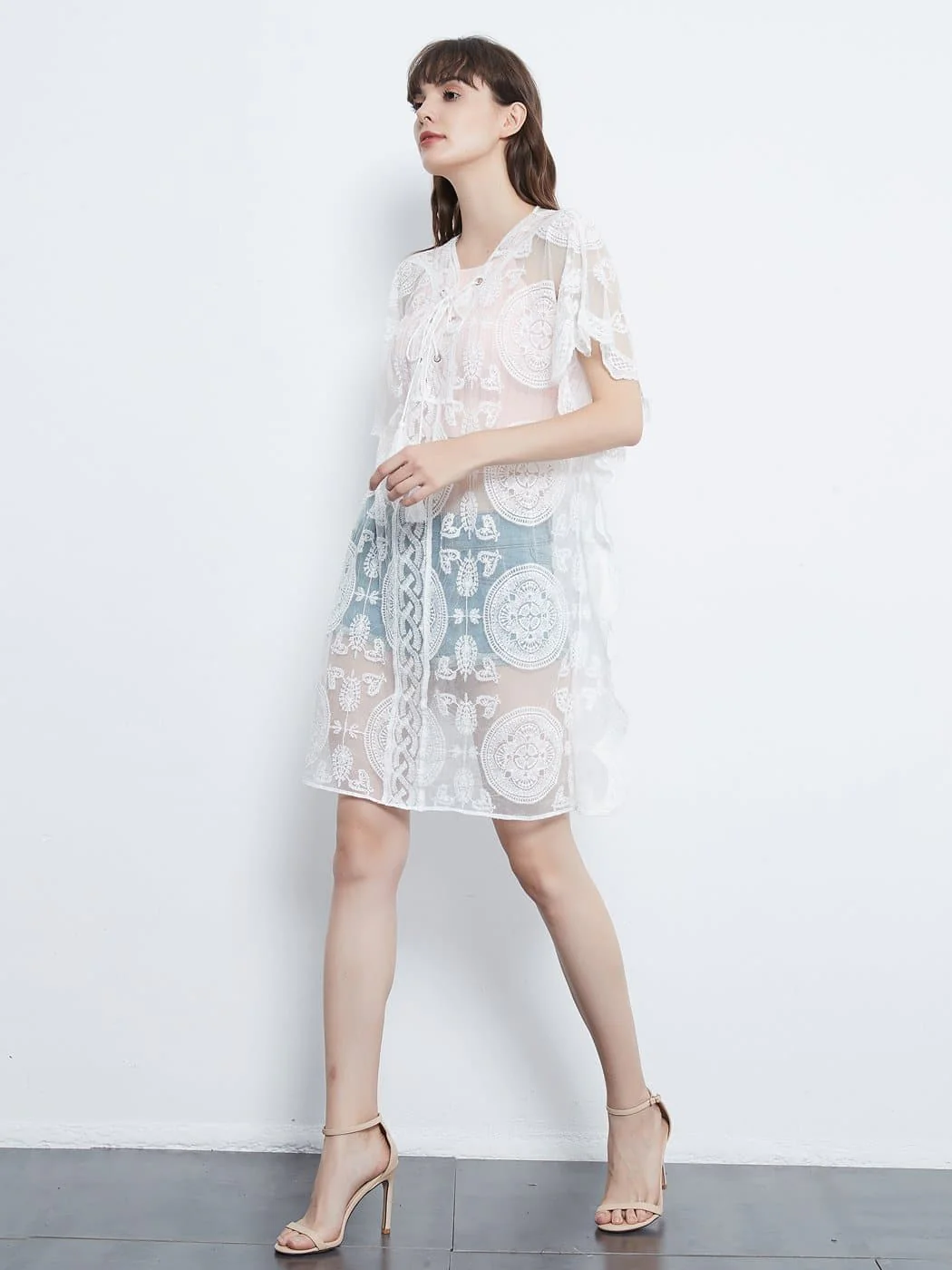 Embroidered Mesh Sheer Midi Dress - Image 8