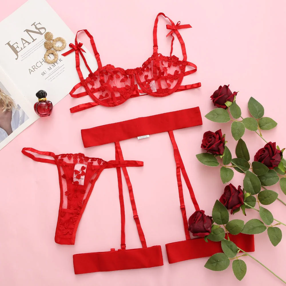 Embroidery Mesh Lingerie Three Pieces Set - Image 5