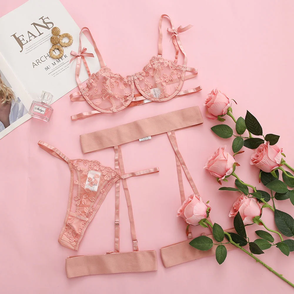 Embroidery Mesh Lingerie Three Pieces Set - Image 7