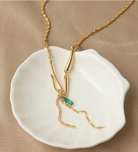 Emerald Crystal Tassels Gold Beaded Necklace - Image 3