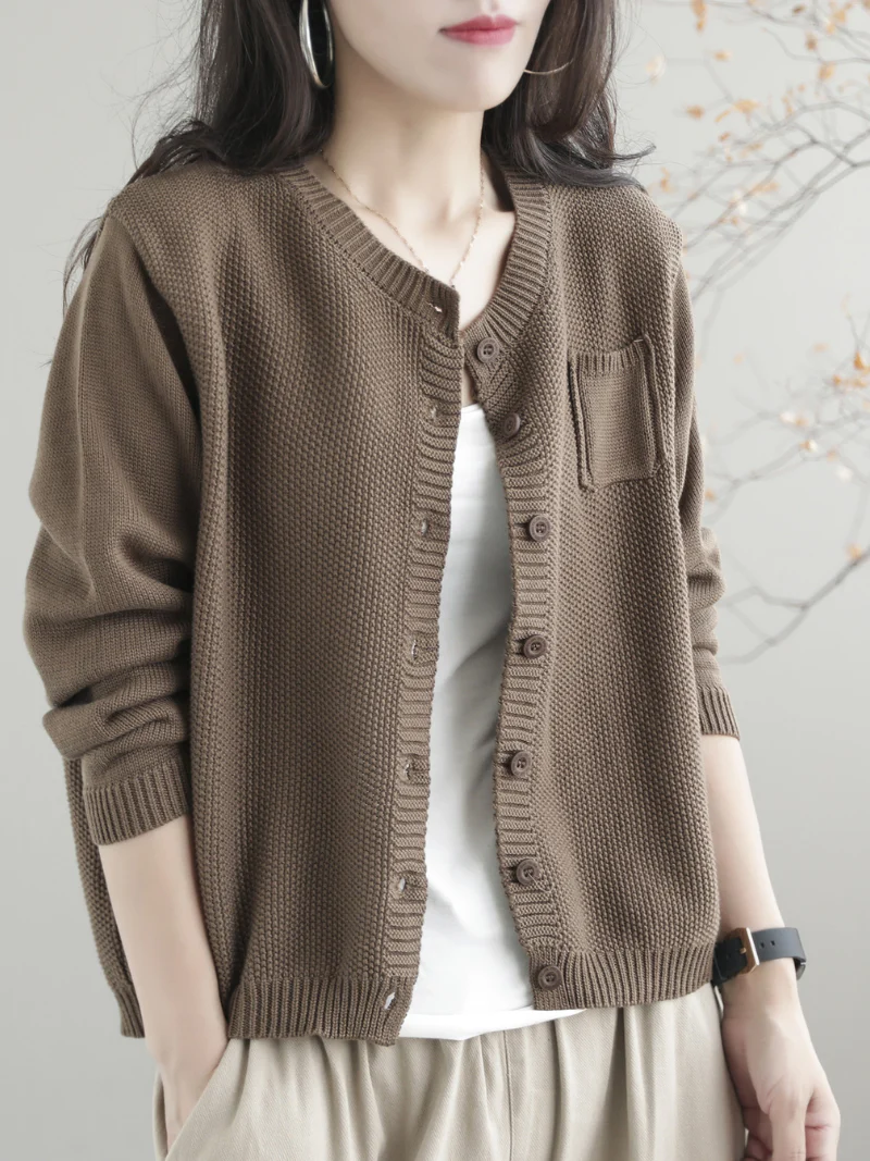 Women Casual Cardigan Long Sleeves Loose Knitted Button Pocket Jacket