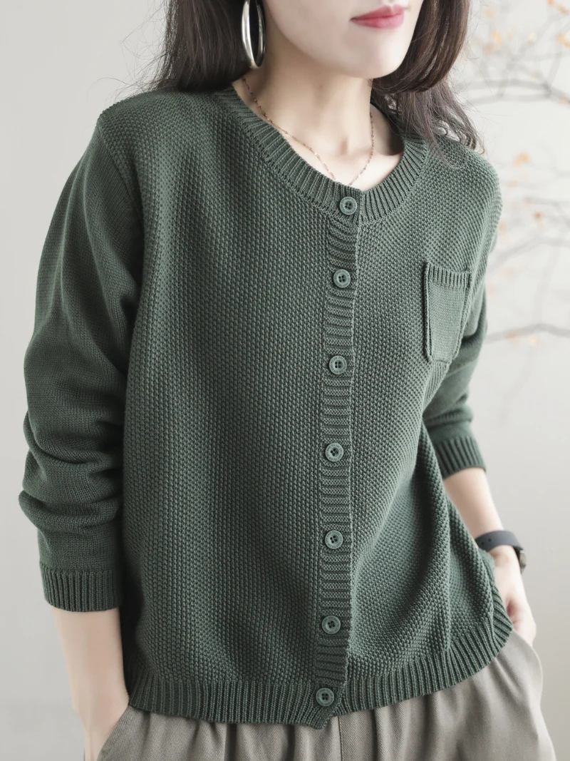Women Casual Cardigan Long Sleeves Loose Knitted Button Pocket Jacket - Image 2
