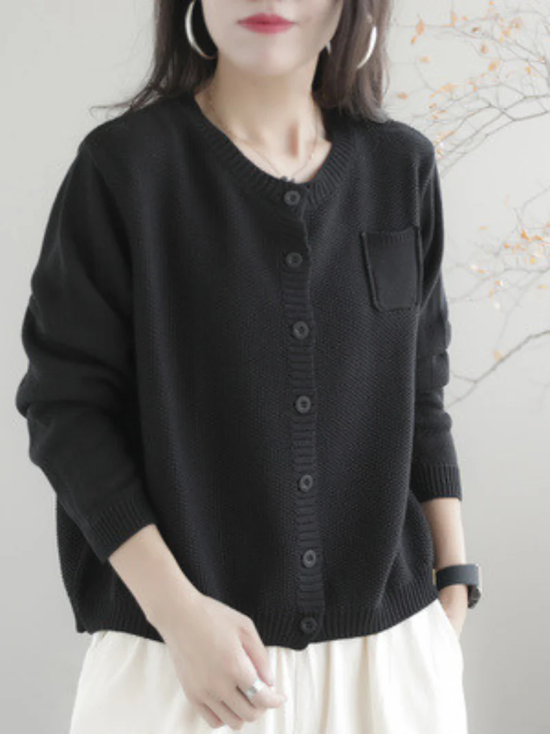 Women Casual Cardigan Long Sleeves Loose Knitted Button Pocket Jacket - Image 5