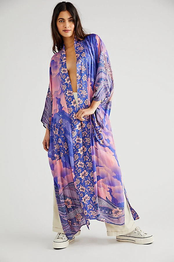 Summer Partywear Floral With Moon Print Purple Color Silk Long Length Gown Kimono Duster Robe - Image 3
