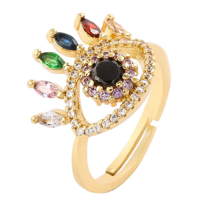Eye Shaped Colorful Rhinestones Gold Adjustable Ring - Image 2