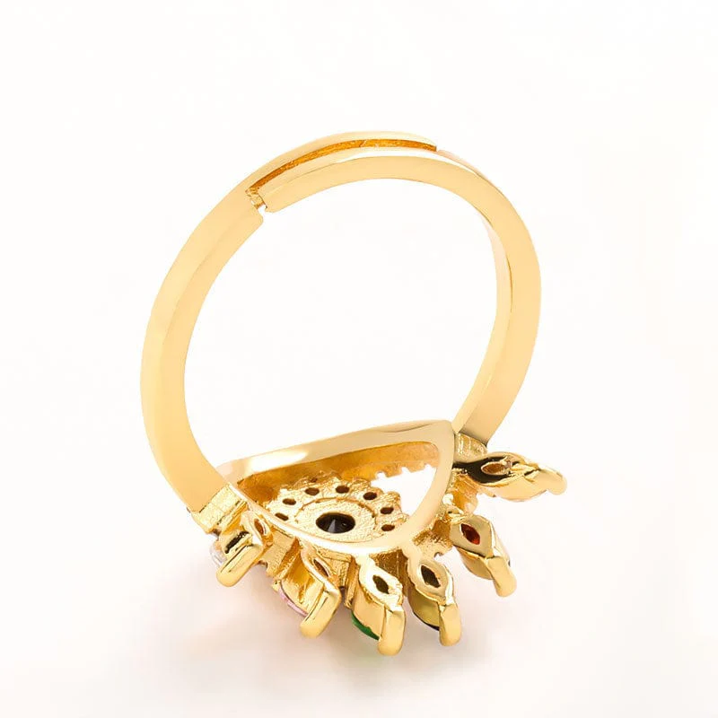 Eye Shaped Colorful Rhinestones Gold Adjustable Ring - Image 3