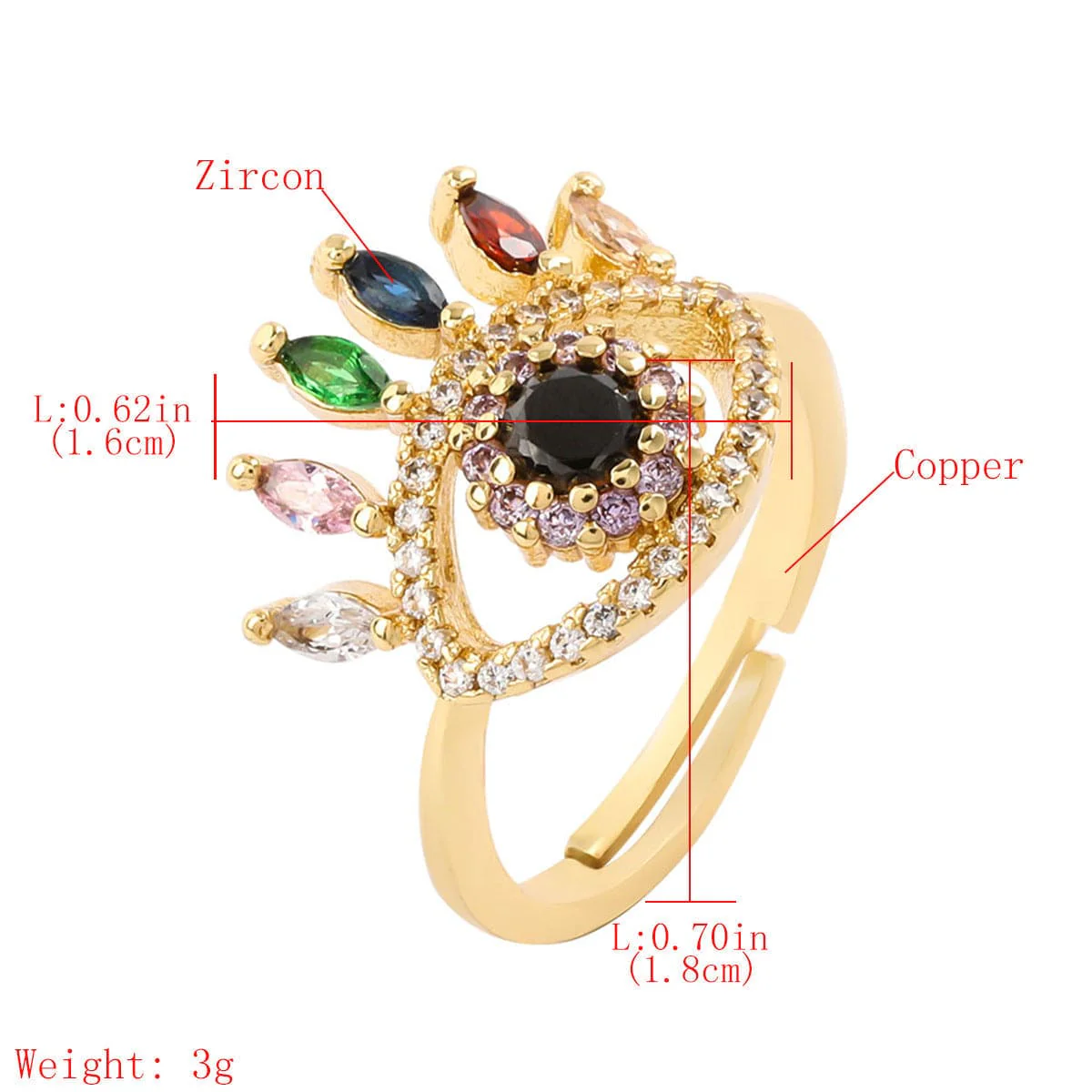 Eye Shaped Colorful Rhinestones Gold Adjustable Ring - Image 4