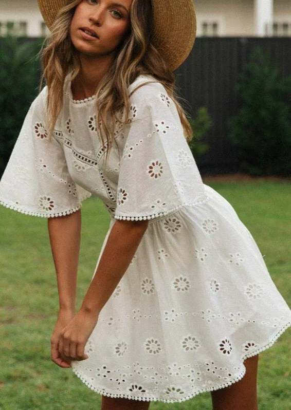 Eyelet Flutter Sleeve Boho Dress - Image 2