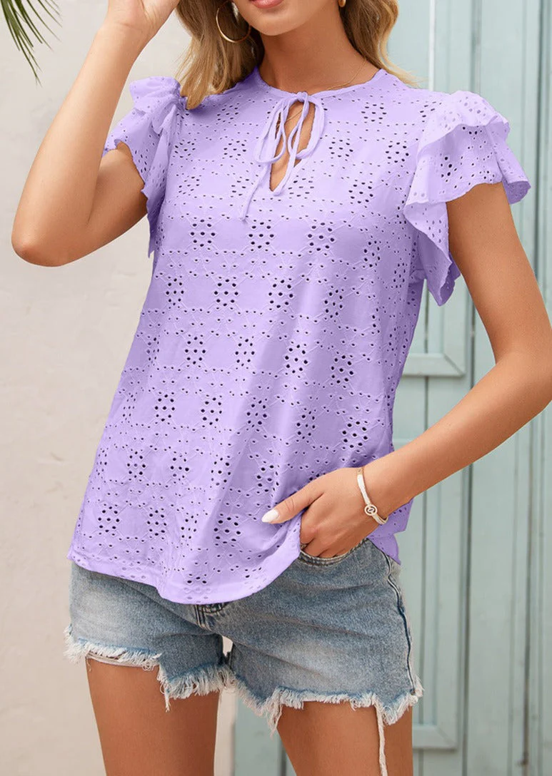 Eyelet Ruffle Sleeve Tie Blouse - Image 12