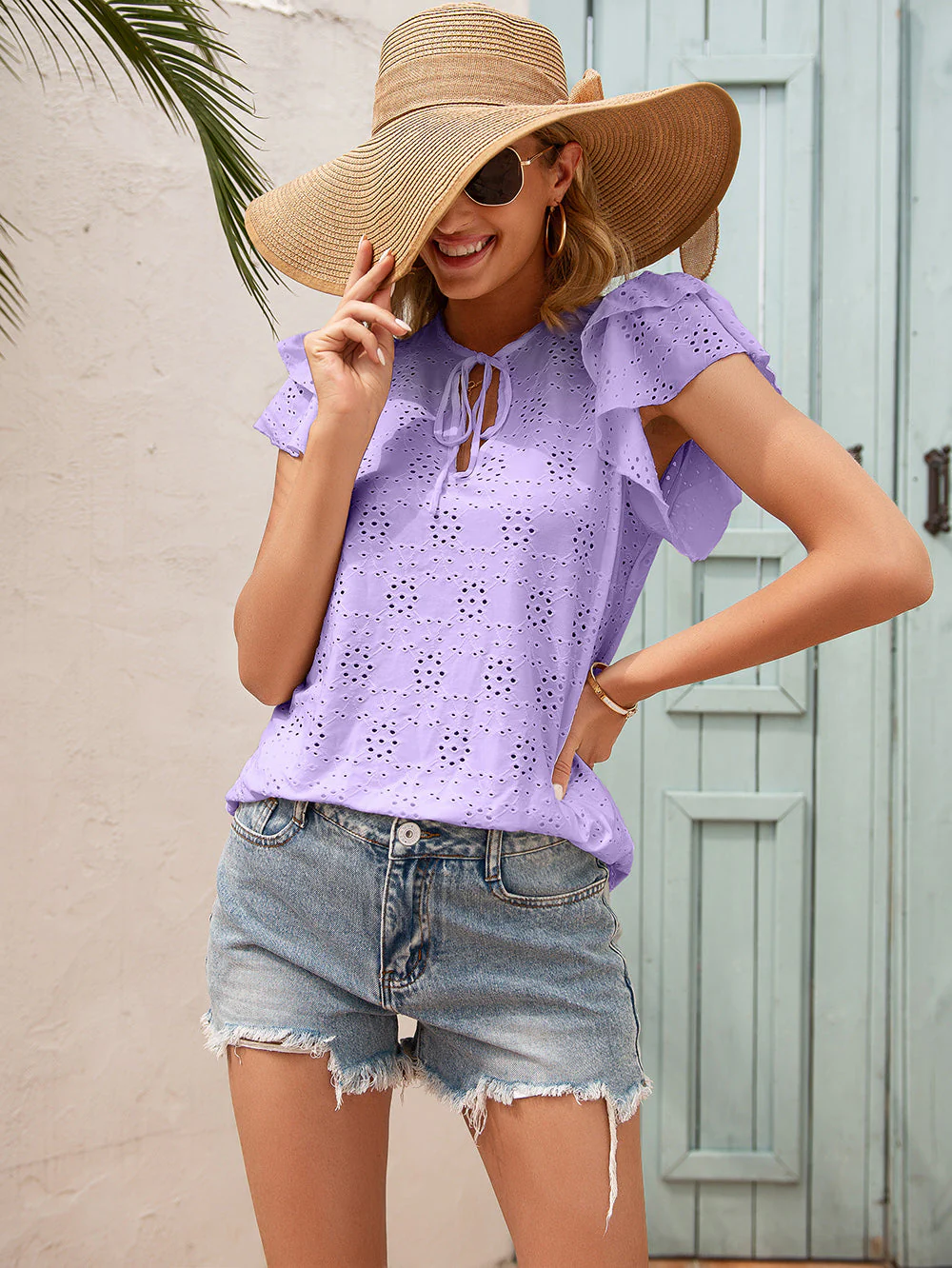 Eyelet Ruffle Sleeve Tie Blouse - Image 14