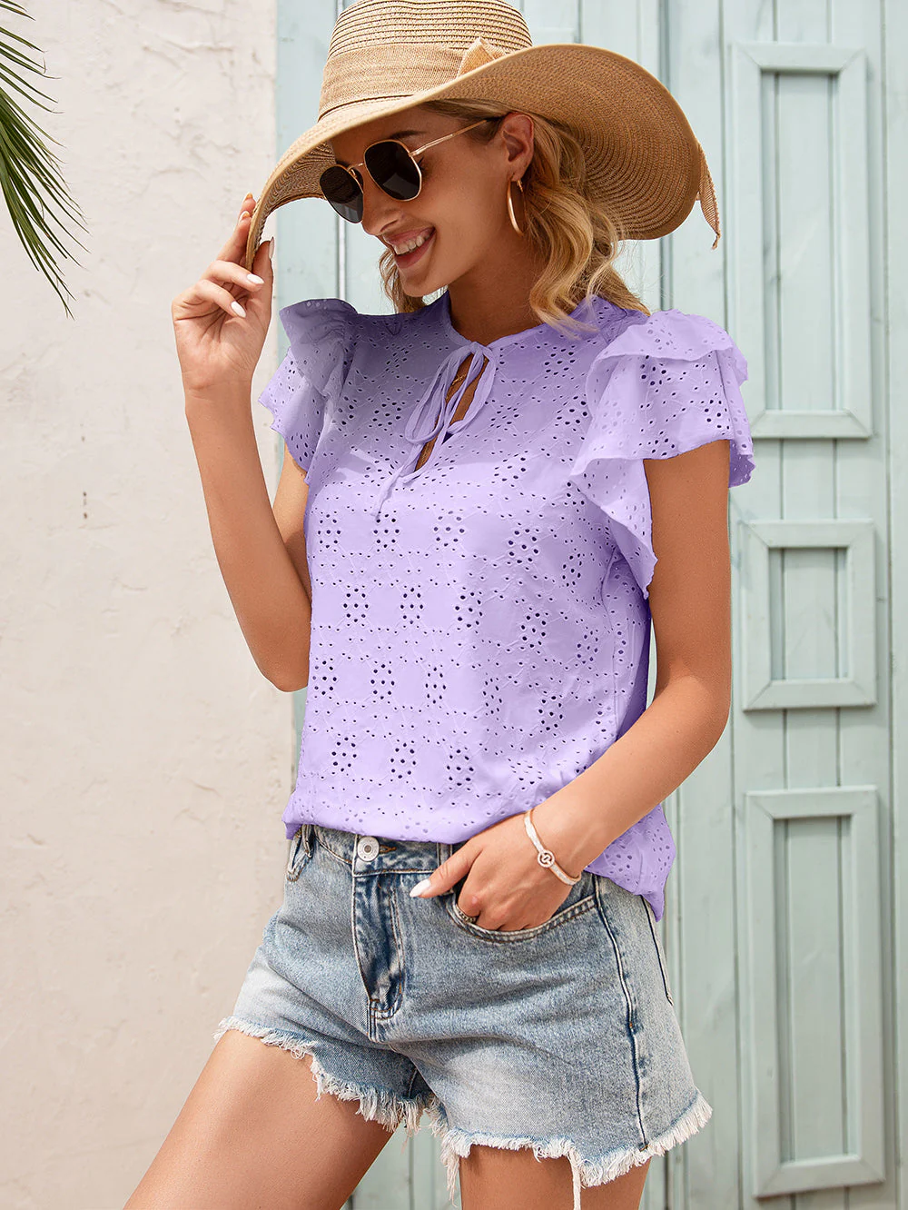 Eyelet Ruffle Sleeve Tie Blouse - Image 15