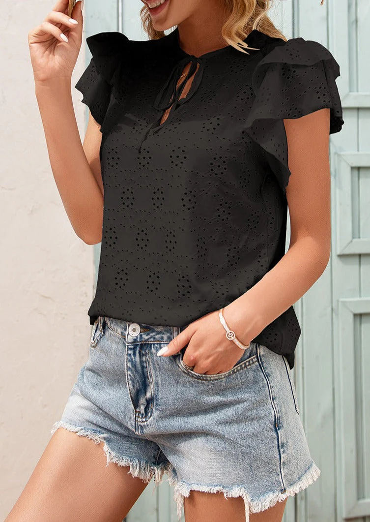 Eyelet Ruffle Sleeve Tie Blouse - Image 17