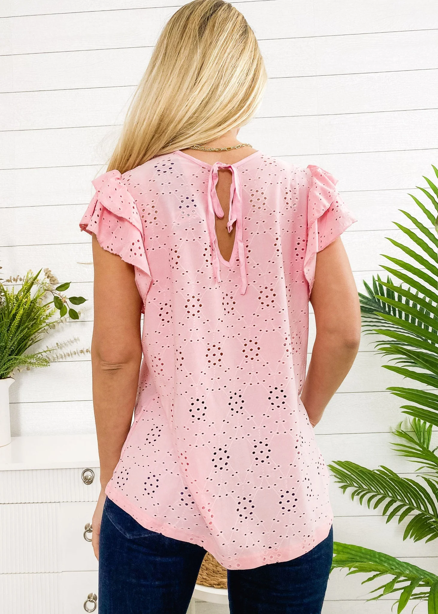 Eyelet Ruffle Sleeve Tie Blouse - Image 3