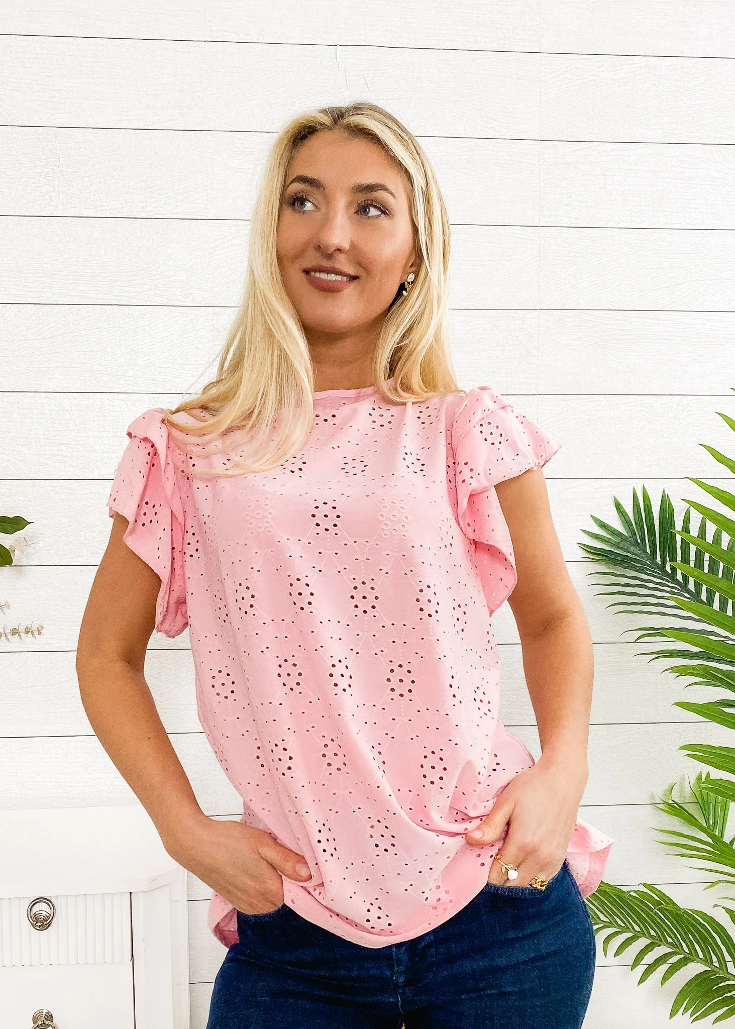Eyelet Ruffle Sleeve Tie Blouse - Image 6