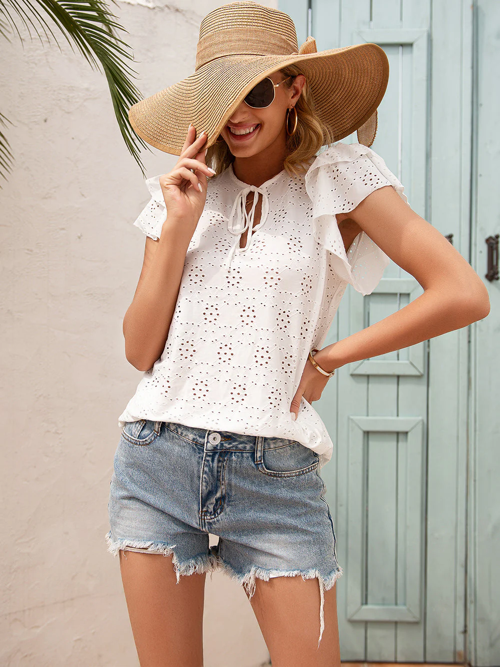 Eyelet Ruffle Sleeve Tie Blouse - Image 9
