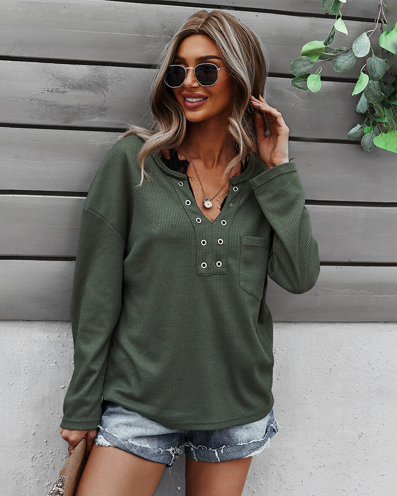 Faux Button Placket Sweater - Image 10