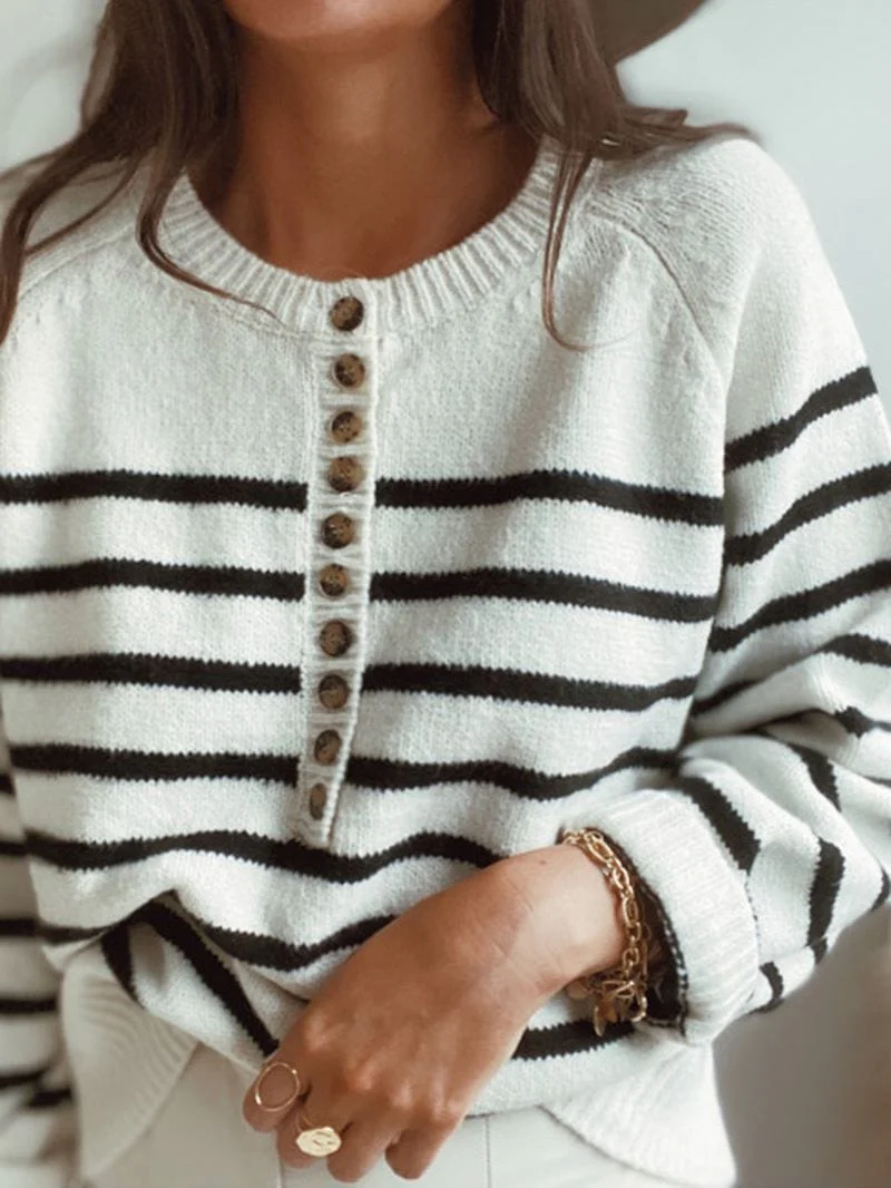 Faux Button Striped Sweater - Image 3