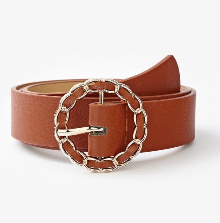 Faux Leather Belt with Round Gold Chian Buckle - Image 6