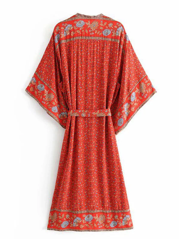 Beachwear Floral Print Red Color Cotton Long Length Gown Kimono Duster Robe - Image 2