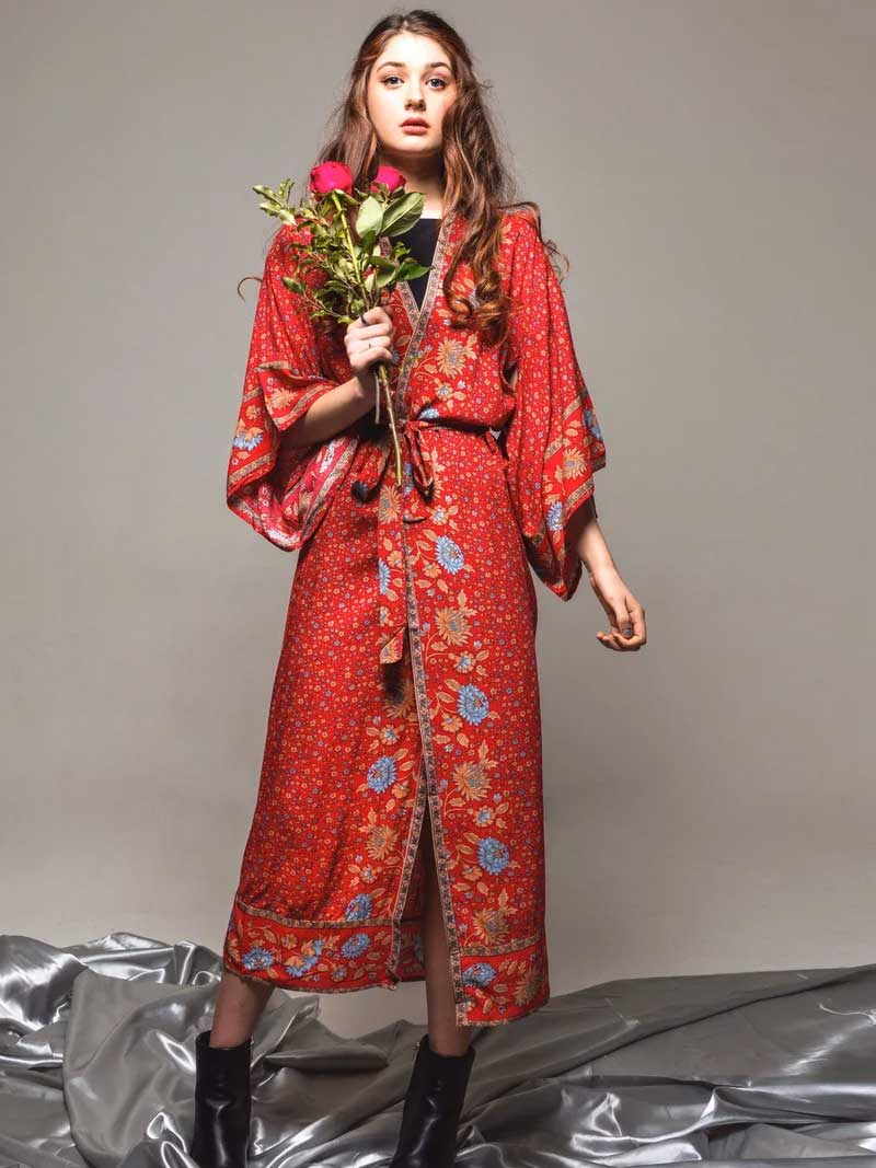 Beachwear Floral Print Red Color Cotton Long Length Gown Kimono Duster Robe - Image 3